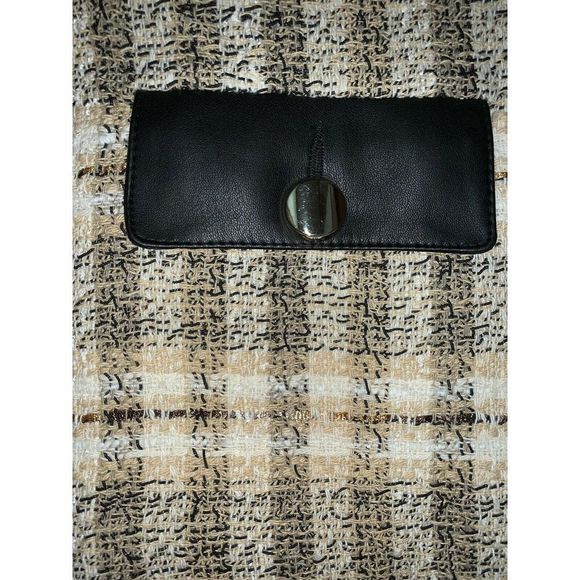 NWT Zara Tweed Jacket Blazer M BEIGE BLACK cream brown leather pockets PLAID - Picture 3 of 4